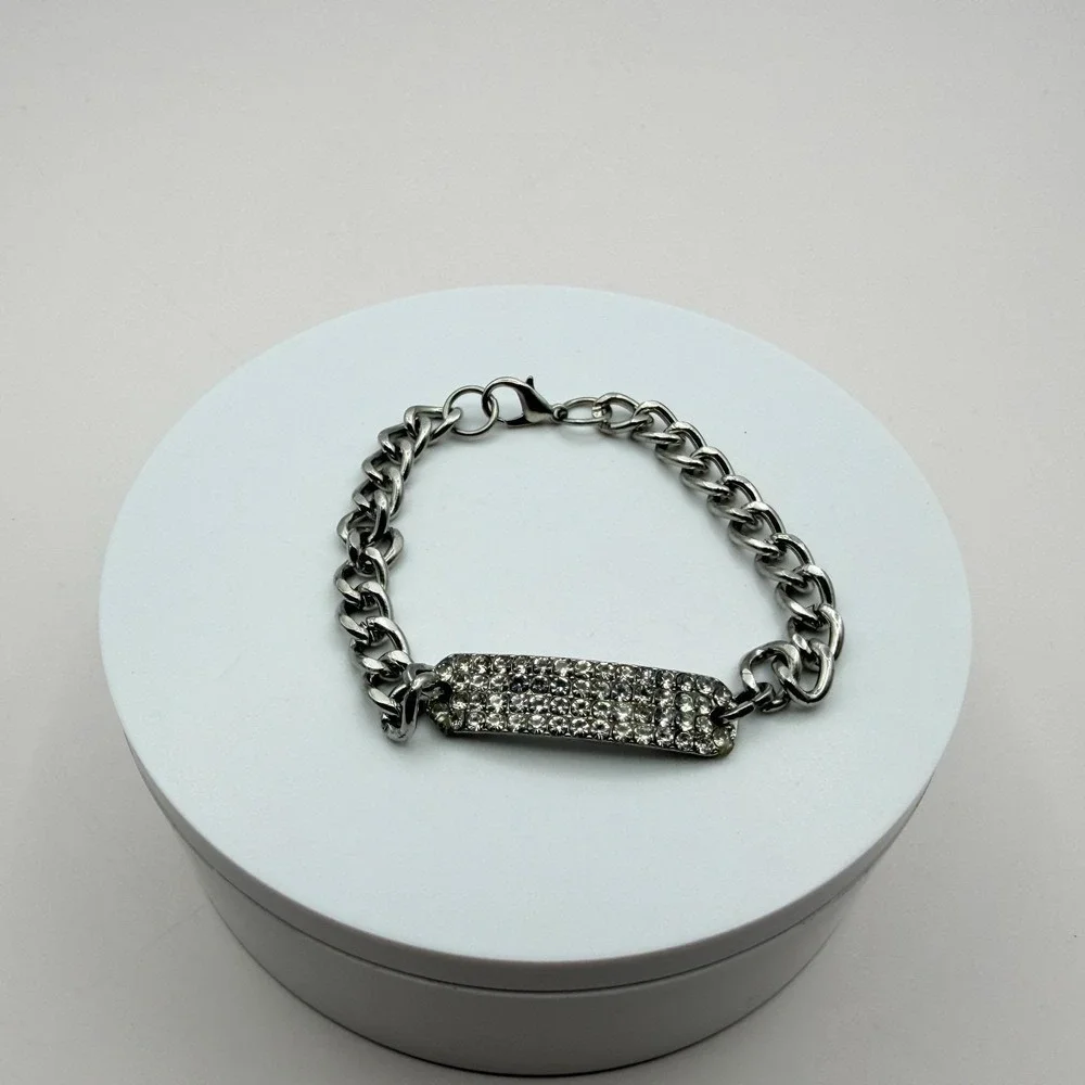 Vintage 90s Silver Tone ID Bar Bracelet Embellishments Adjustable Chain Jewelry